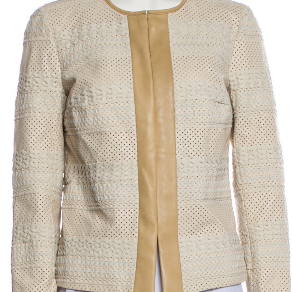 Cream and Tan “Laser-Cut” Textured Blazer with Structured Design